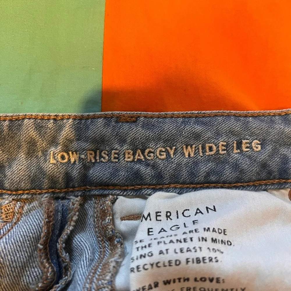 American Eagle low rise baggy stretch wide leg patchwork jeans size 8 short. - Picture 7 of 12